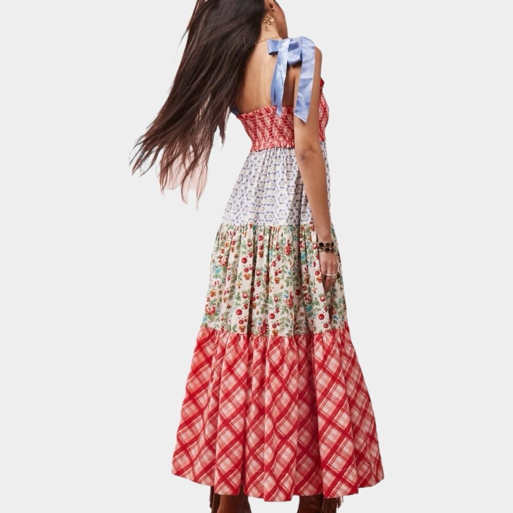Women Bohemian Bluebell Maxi Dress Size L V-Neck Gathered Bodice Bows Shoulders - Picture 10 of 16